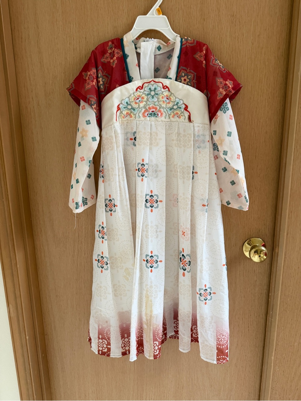White and Red Floral Pleated Dress 6T